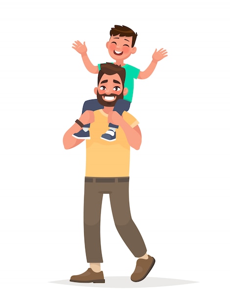 Father with son on shoulders on isolated background. vector