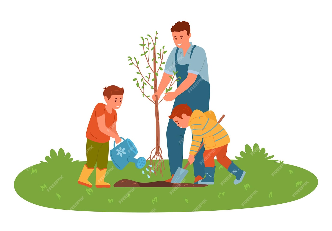 Premium Vector | Father with sons planting a tree in the garden boy ...