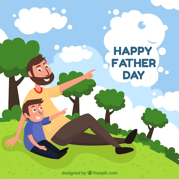 Fathers day background with dad and son in\
nature