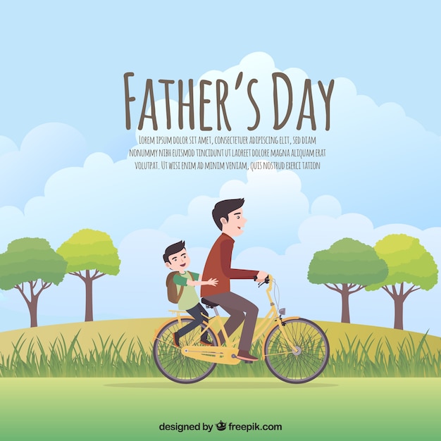 Fathers day background with dad and son riding\
on bike