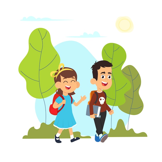 Featuring a young boy and girl going to school Premium Vector