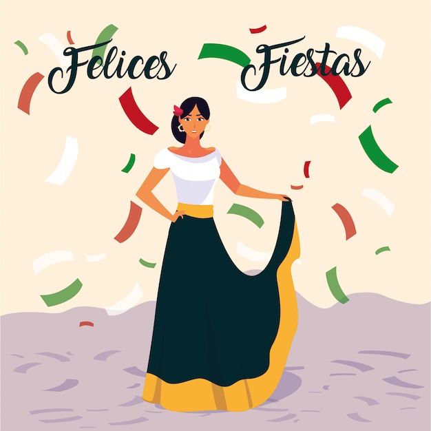 メキシコの典型的な衣装を持つ女性とフェリーチェフィエスタラベル プレミアムベクター