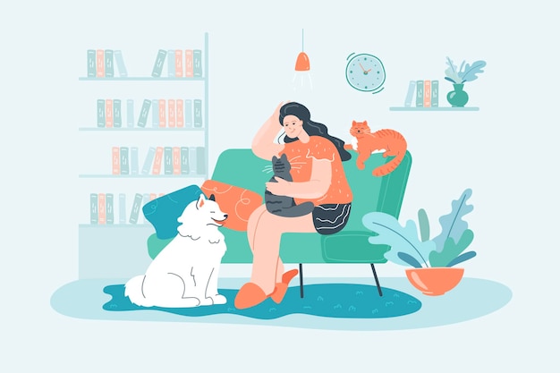 Premium Vector | Female cartoon owner sitting on couch with cats and ...