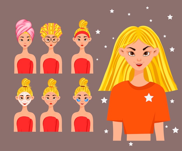 プレミアムベクター 顔の化粧品の手順が異なる女性キャラクター 漫画のスタイル 図