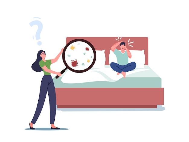 リネンに住んでいるトコジラミを見ている巨大な拡大鏡を持つ女性キャラクター ベッドに座っている皮膚に赤い斑点を持つ男 プレミアムベクター