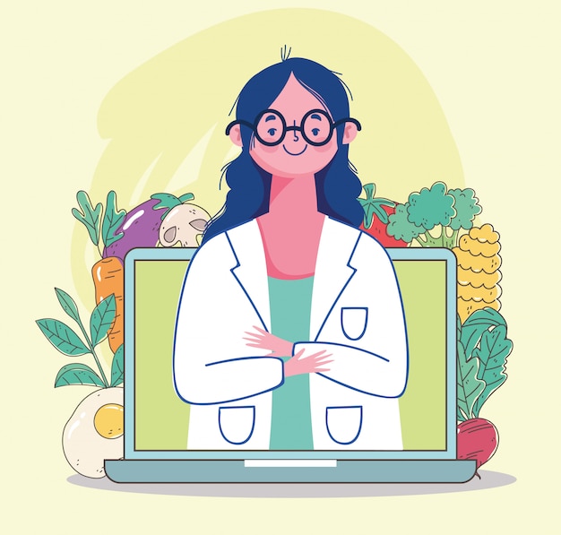 ビデオノートパソコン 果物や野菜のイラストが新鮮な市場有機健康食品の女性栄養士医師 プレミアムベクター