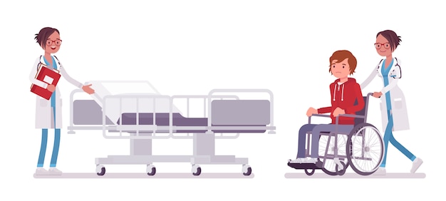 女医と入院患者 病院の制服を着たクリニックで車椅子の人を許可している女性 医学とヘルスケアの概念 スタイル漫画イラスト 白い背景 プレミアムベクター