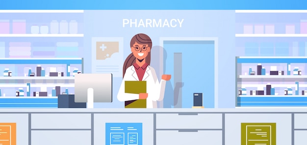 Female doctor pharmacist with clipboard standing at pharmacy counter modern drugstore interior medic