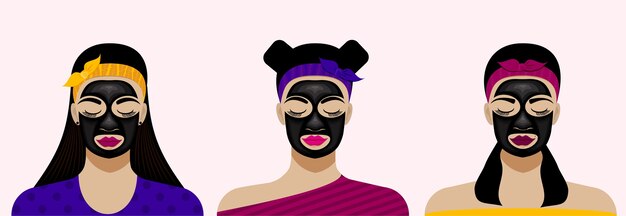 女性の顔と黒い顔のシートマスク フェイシャルスキンケアイラスト プレミアムベクター