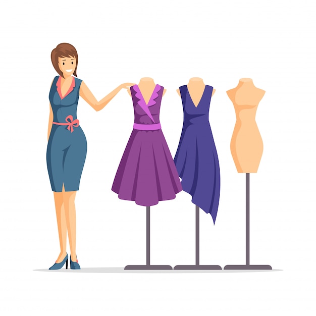 女性のファッションデザイナーのイラスト 陽気な仕立て屋 服屋 モデルの漫画のキャラクター 衣服デザイナーと分離されたドレスとマネキン プレミアムベクター