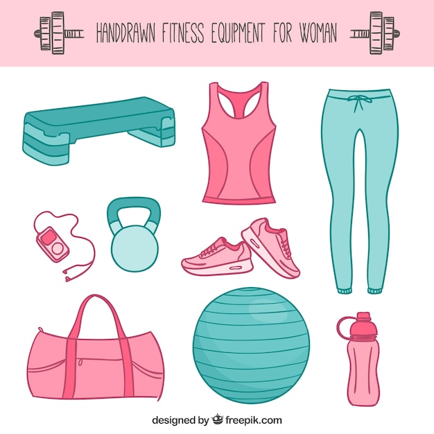 Female fitness equipment in hand drawn\
style