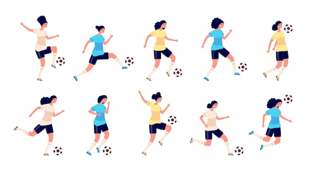 女性のサッカー選手 孤立したスポーツの人々 女子サッカーチーム かわいいアクティブな人 制服セットの女の子キャラクターのトレーニング ゲームトレーニング イラストで遊ぶサッカー選手の女性 プレミアムベクター