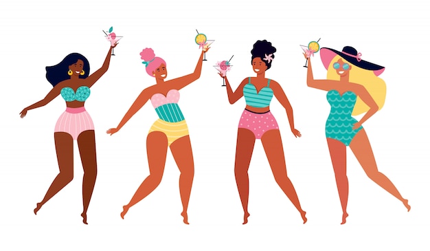 夏のビーチパーティーでの女性の友人 水着姿の面白い女の子がフルーツカクテルを飲みます 海沿いの夏休み 国籍や文化の異なる女性 手描きイラスト プレミアムベクター