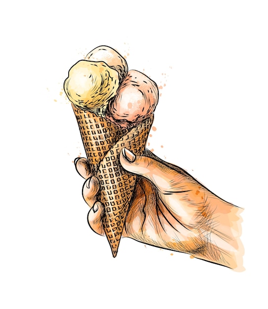 水彩のスプラッシュからワッフルコーンでアイスクリームを持っている女性の手 手描きのスケッチ 塗料のイラスト プレミアムベクター