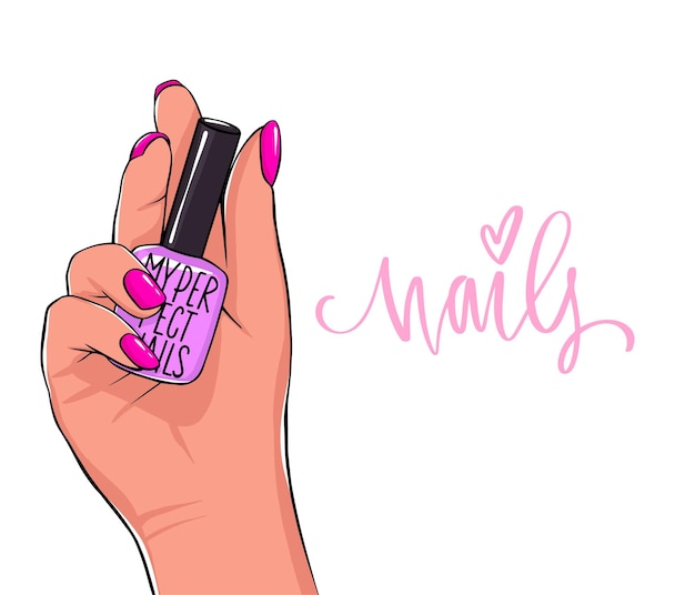 Female hand holds nail polish bottle. handwritten lettering about nails and manicure. Premium Vector