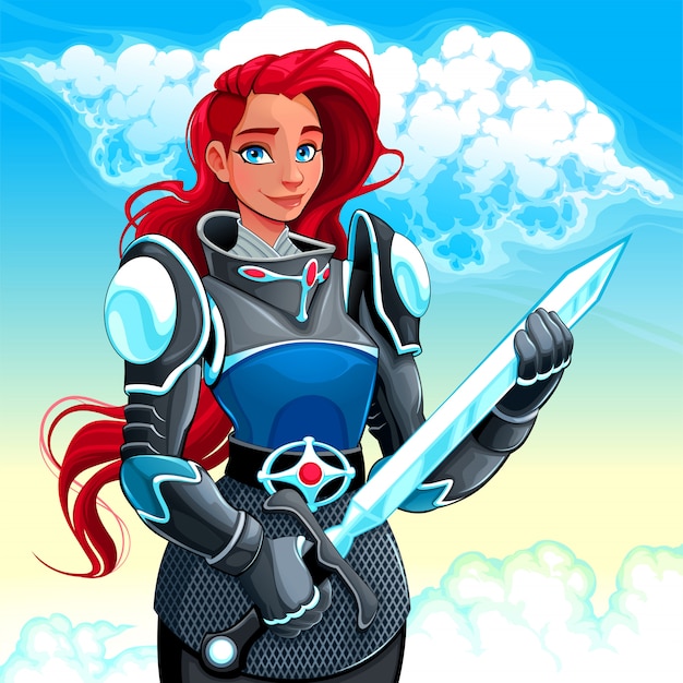 Female knight is holding the sword in her hands. vector illustration Premium Vector
