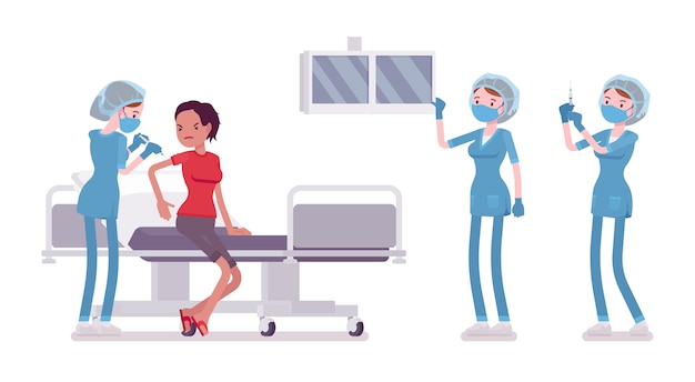 医療処置での女性看護師 治療や手術を行う病院の制服を着た若い女性 医学とヘルスケアの概念 白い背景の上のスタイル漫画イラスト プレミアムベクター