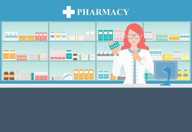 Premium Vector | Female pharmacist at the counter in a pharmacy.
