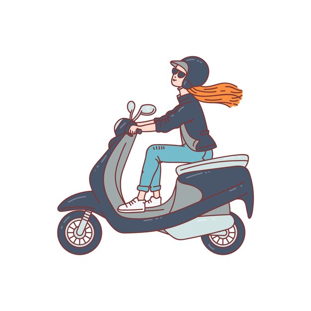 女性スクーターライダー ヘルメットとサングラスの白い背景の上のスクーターバイクに乗っての漫画の女性 都市交通のイラスト プレミアムベクター