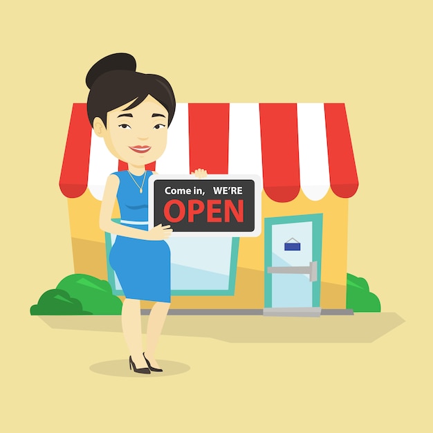 Premium Vector Female shop owner holding open signboard.