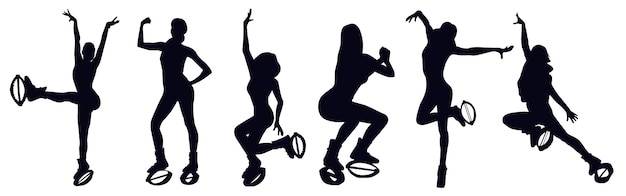 膝を上げる ジャッキ 振り子 シーセス スクワット レッグスイングなどのカングージャンプブーツでエクササイズをする女性のシルエット ズンバとラティーナのダンスバウンスシューズクラス カーディオフィットネスと減量 Hiit プレミアムベクター