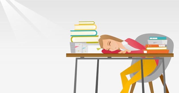 Female Student Sleeping At The Desk With Book Premium Vector