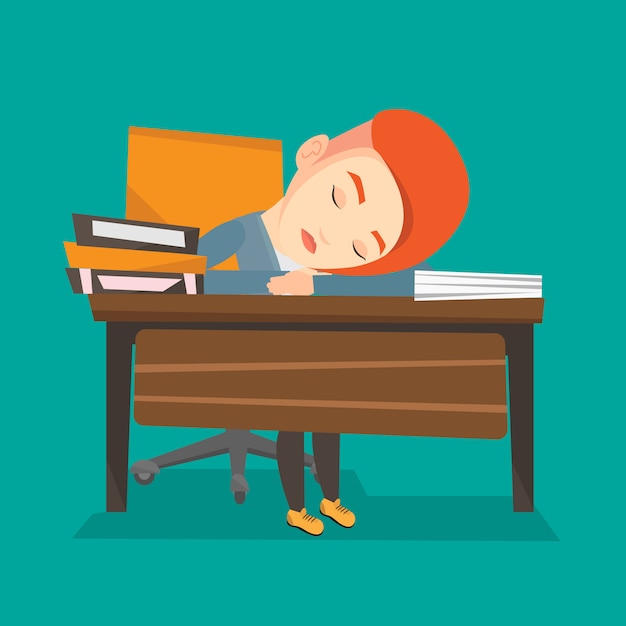 Female Student Sleeping At The Desk With Book Premium Vector