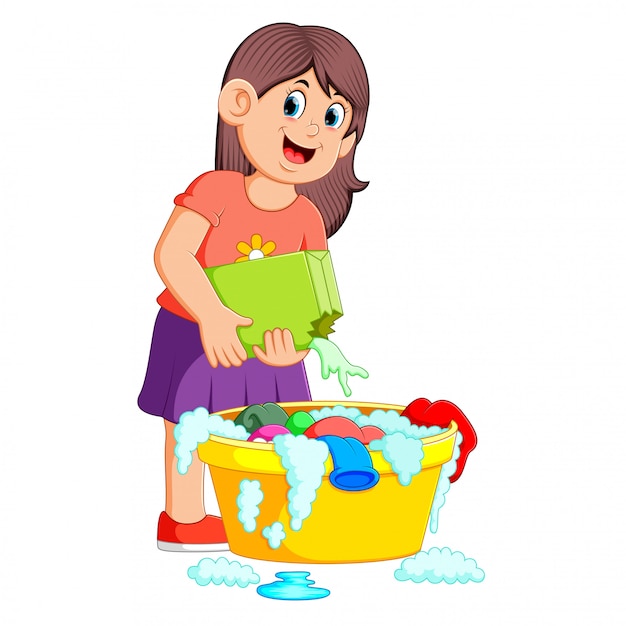 Premium Vector | Female washing clothes in basin with detergent