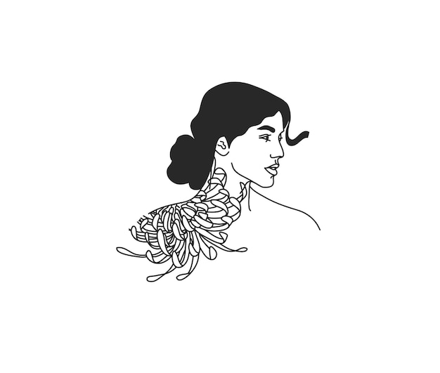 花と白い背景で隔離のシンプルなスタイルの月の神聖な線画アイコンを持つ女性 プレミアムベクター