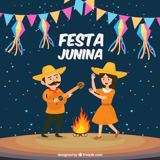 Festa junina background design with bonfire and\
dancing couple