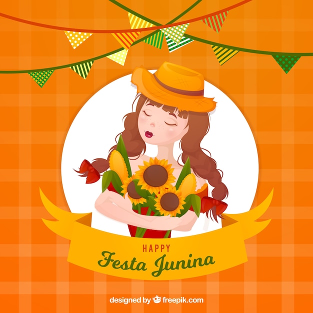 Festa junina background with girl and\
sunflowers