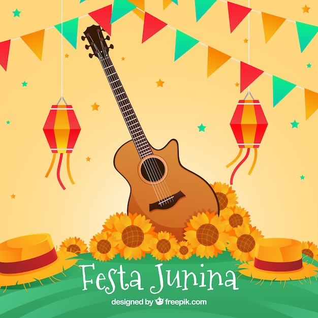 Festa junina background with guitar and\
sunflowers