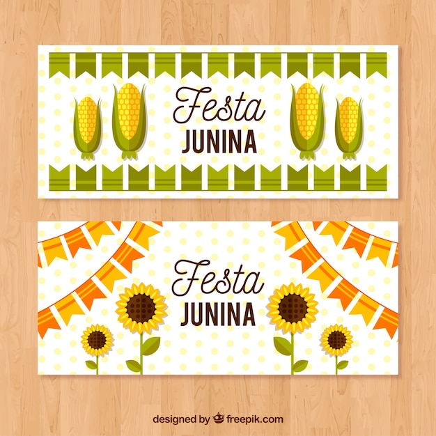 Festa junina banner with corn and\
sunflowers