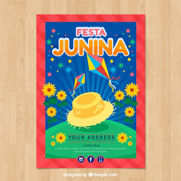 Festa junina poster invitation with field and\
sunflowers