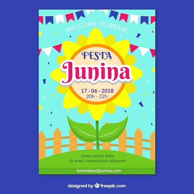 Festa junina poster invitation with flat\
sunflower