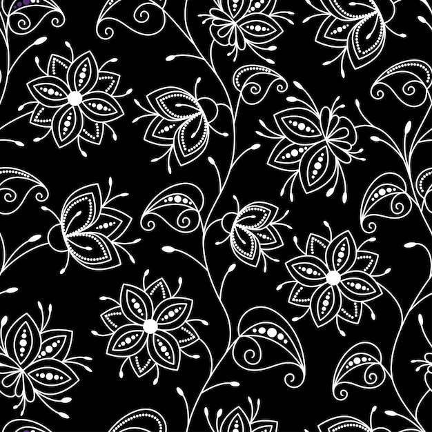 野の花 黒い背景に白いアウトラインで装飾的な色のシームレスなパターン プレミアムベクター