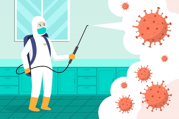 Covid 19コロナウイルス漫画イラスト概念と戦います コロナウイルスを治します 人々はウイルスの概念を消毒剤と戦う 消毒洗浄スプレー 19 Ncovの終わり 伝染性ウイルス プレミアムベクター