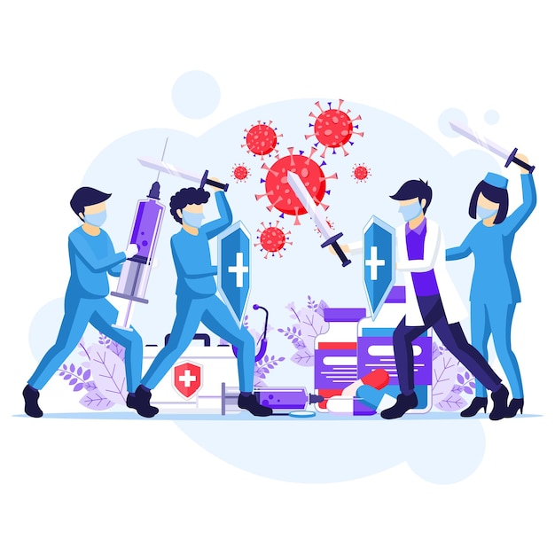 Premium Vector Fight The Virus Concept Doctor And Nurses Use Sword And Shield To Fighting Covid 19 Coronavirus Illustration