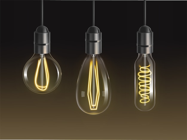 Free Vector | Filament bulbs set. retro edison lamps, incandescent vintage lightbulbs of different shapes and forms with heated wire hanging