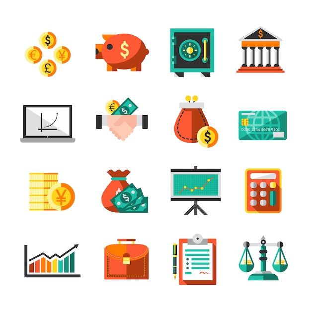 Finance Banking Business Money Exchange Icons Set With Briefcase Scales