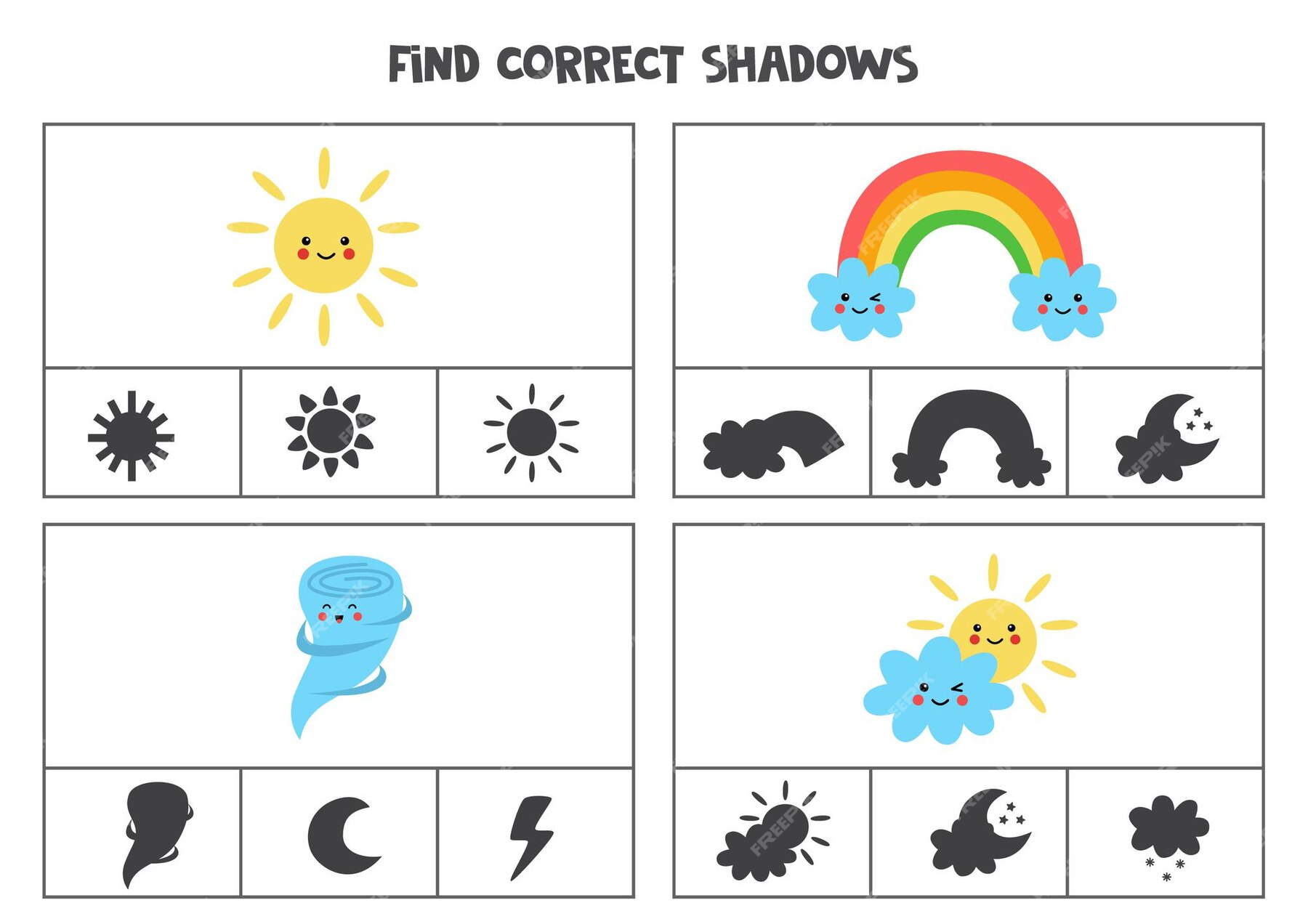 Premium Vector | Find the correct shadows of cute weather elements ...