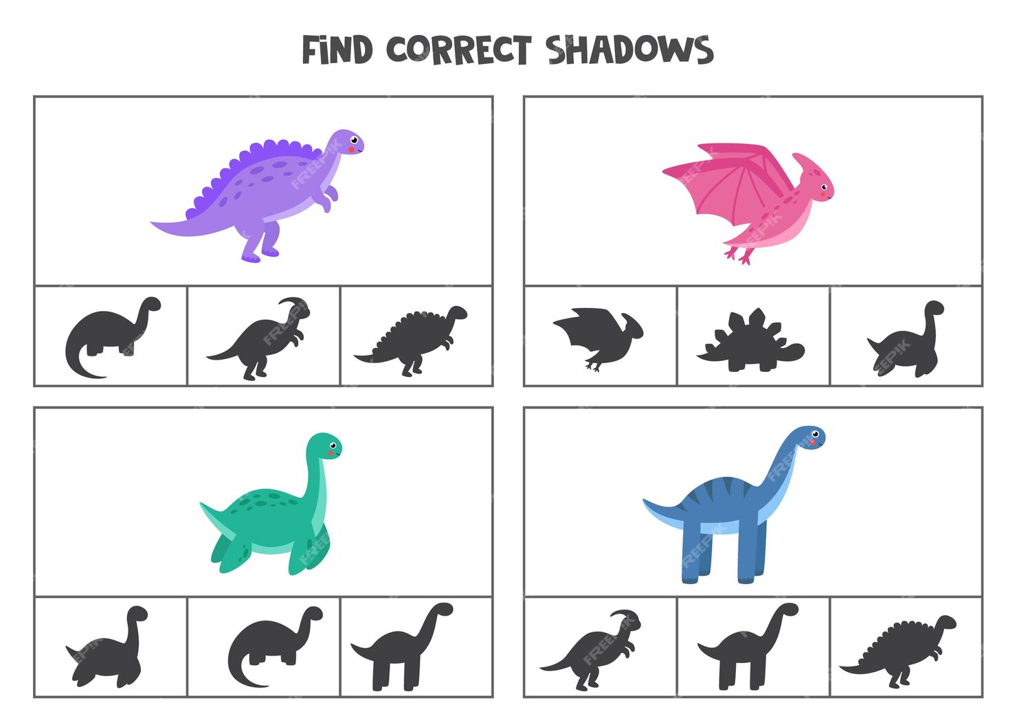 Premium Vector | Find the correct shadows of dinosaurs. clip cards for ...