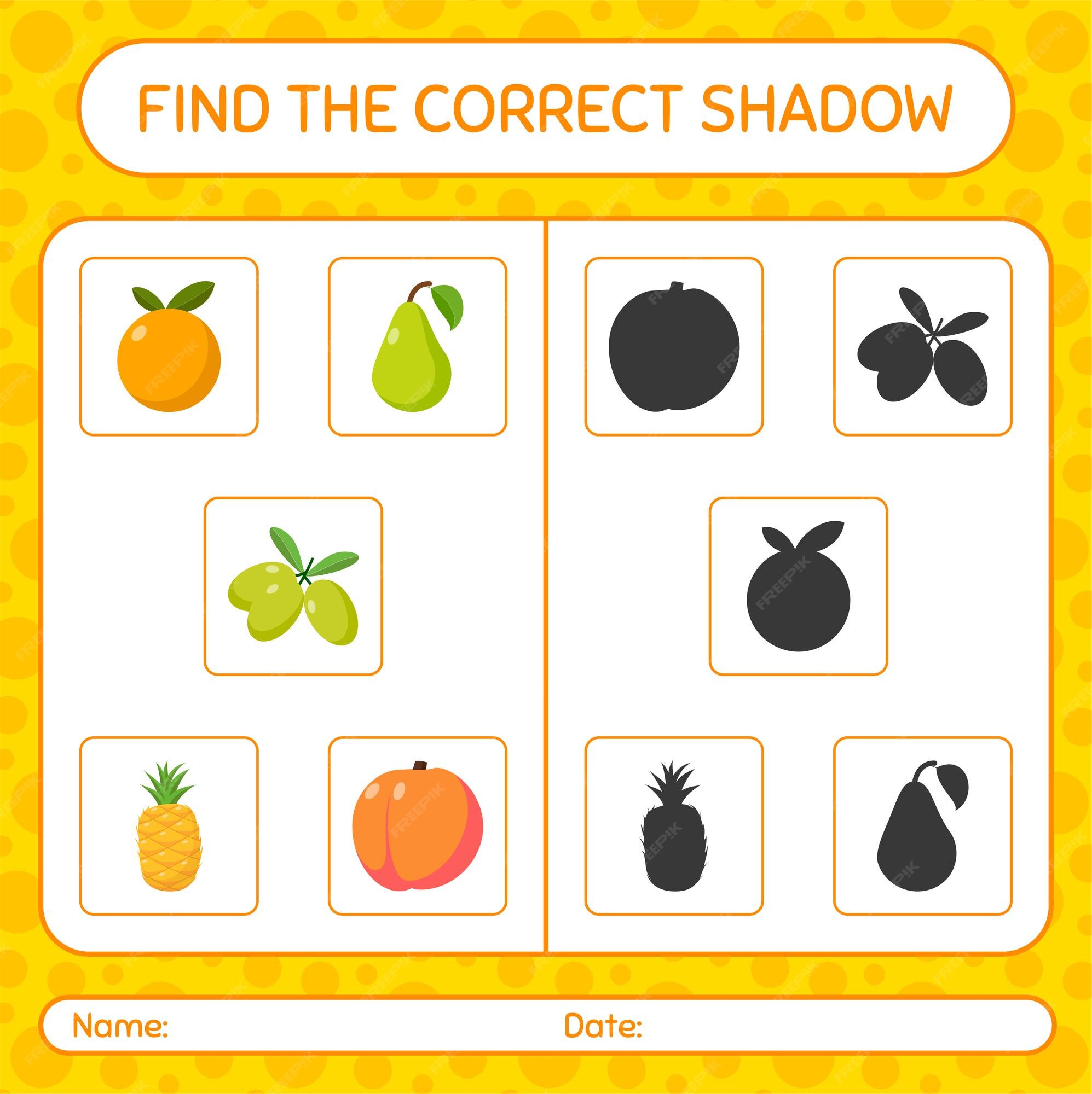 Premium Vector | Find the correct shadows game with fruits. worksheet