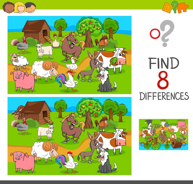 Find Differences With Farm Animal Characters Premium Vector