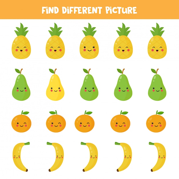 各行でかわいいフルーツの異なる写真を見つけます 子供のための論理的なゲーム かわいいパイナップル 梨 オレンジ バナナのベクターイラストです 印刷可能なワークシート プレミアムベクター