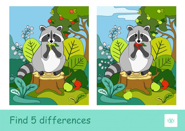 森の切り株に座っているリンゴを食べているアライグマと子供向けゲームを学ぶ5つの違いクイズを見つけてください 野生動物のカラフルなイメージ 幼児のための発達活動 プレミアムベクター