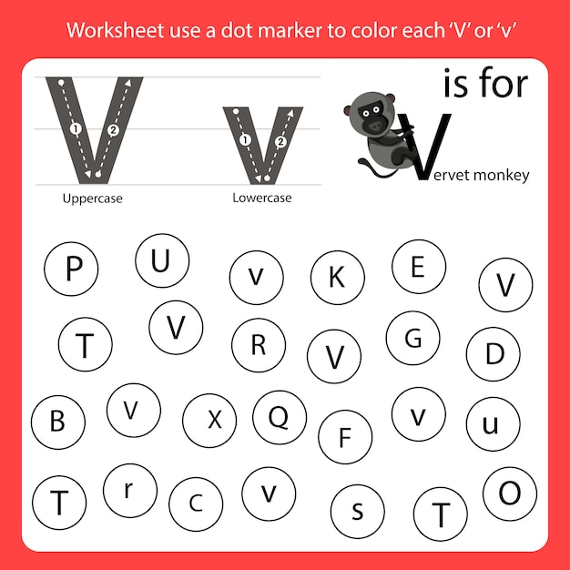 Premium Vector | Find the letter worksheet use a dot marker to color each v