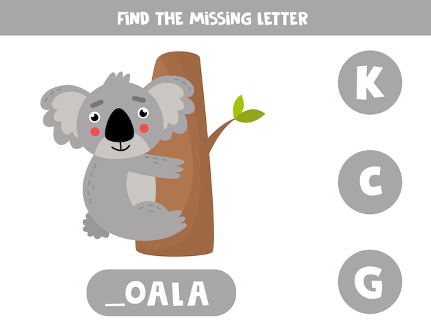 行方不明の手紙を見つけなさい 子供のための教育的なスペルゲーム かわいい灰色のコアラのイラスト 英語のアルファベットの練習 印刷可能なワークシート プレミアムベクター