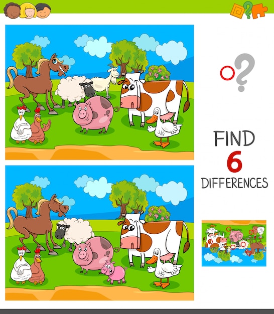 Premium Vector | Find six differences game with farm animal characters