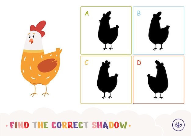 漫画の鶏の簡単なイラストで子供向けゲームを学ぶ正しい影のクイズを見つける プレミアムベクター